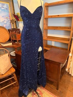 Navy Sequin Spaghetti Strap Backless Formal Evening Dress